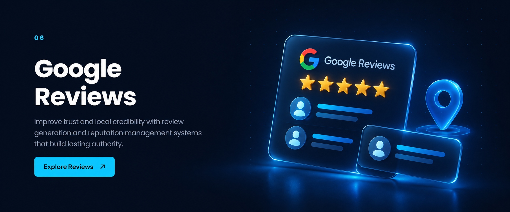 Illustrative Google review cards with star symbols and a blue location pin.