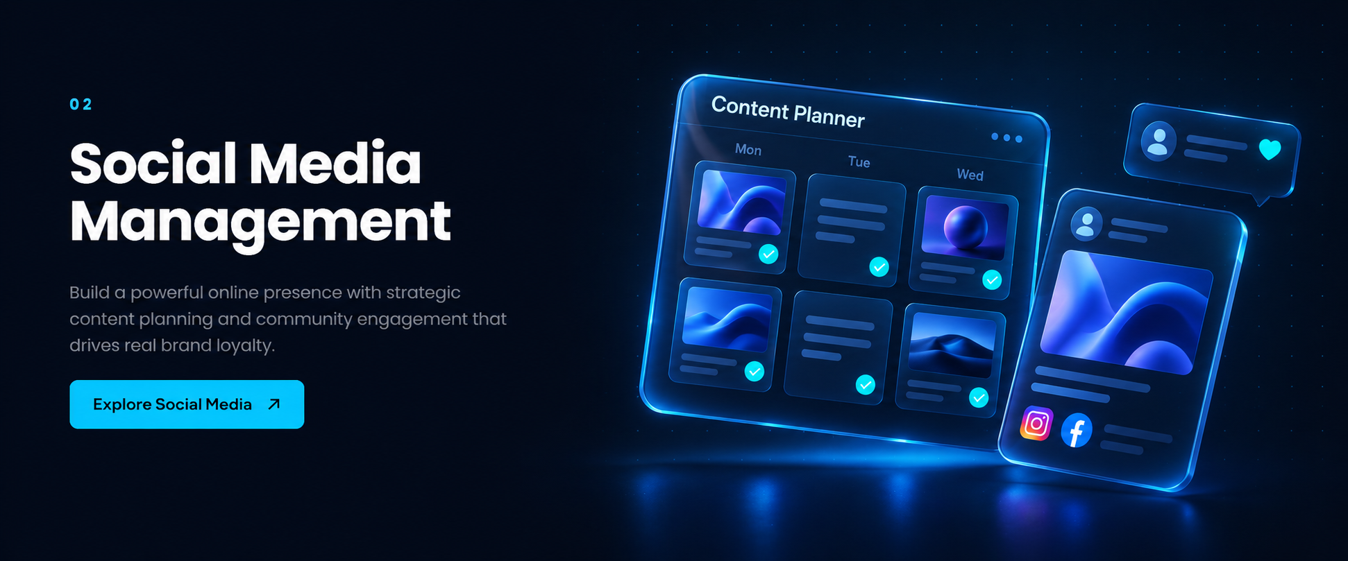 Three-dimensional content calendar with social post and community-comment cards.
